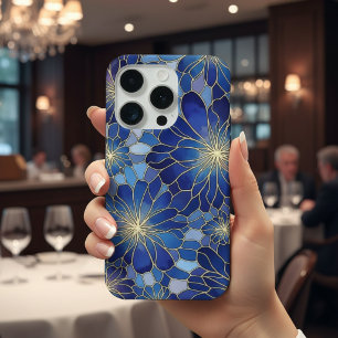 Modern Blauw Gouden Bloemmotief iPhone 15 Pro Case