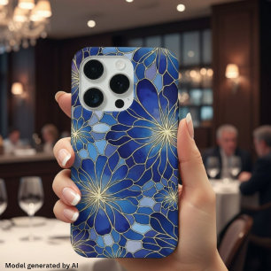 Modern Blauw Gouden Bloemmotief iPhone 15 Pro Case