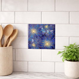 Modern Blauw Gouden Bloemmotief Tegeltje