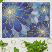 Modern Blauw Gouden Bloemmotief Theedoek (Gevouwen)