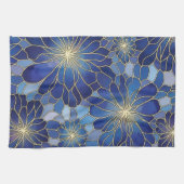Modern Blauw Gouden Bloemmotief Theedoek (Horizontaal)