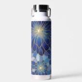 Modern Blauw Gouden Bloemmotief Waterfles (Voorkant)