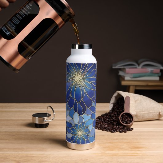 Modern Blauw Gouden Bloemmotief Waterfles (Koffie (Gedraaid) )