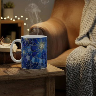 Modern Blauw Gouden Bloempatroon Koffiemok