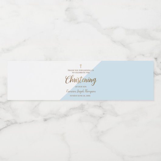 Modern blauw gouden doopschrift dank u waterfles etiket (Enkel label)