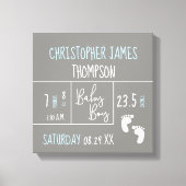 Modern Blauw Grijs Baby Jongen Geboorte Aankondigi Canvas Afdruk (Voorkant)