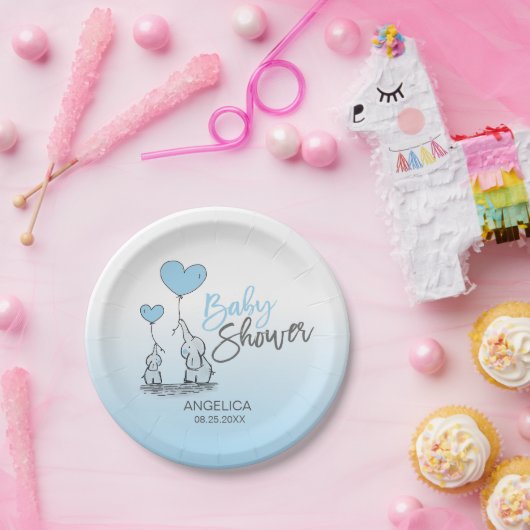 Modern Blauw Grijs Blauw Olifant BOY Baby shower Papieren Bordje (Feest)