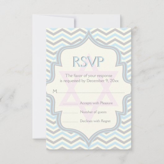 Modern blauw, grijs chevron zigzag Bat Mitzvah RSV RSVP Kaartje (Voorkant)