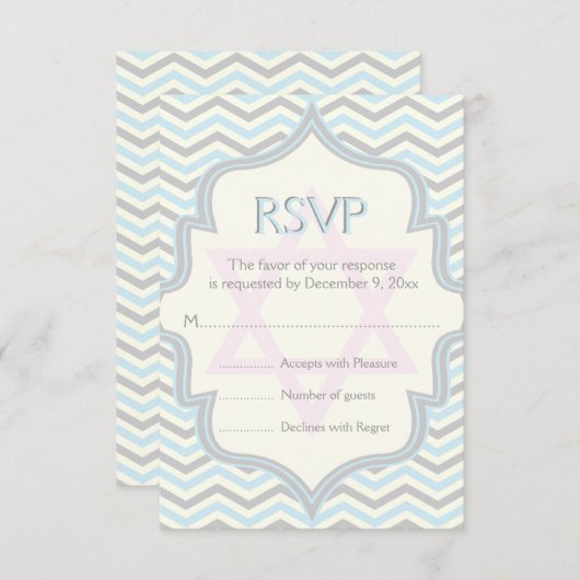 Modern blauw, grijs chevron zigzag Bat Mitzvah RSV RSVP Kaartje (Voorkant / Achterkant)
