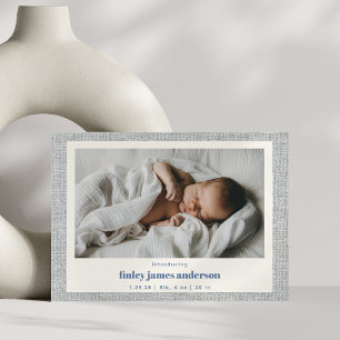 Modern blauw grijs linnen textuur Baby foto geboor Aankondiging