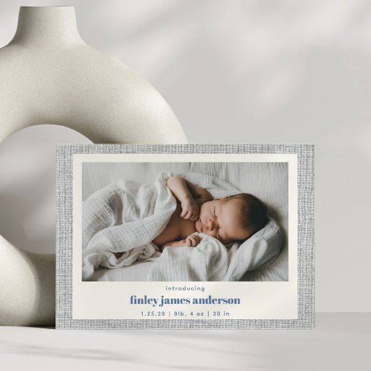 Modern blauw grijs linnen textuur Baby foto geboor Aankondiging