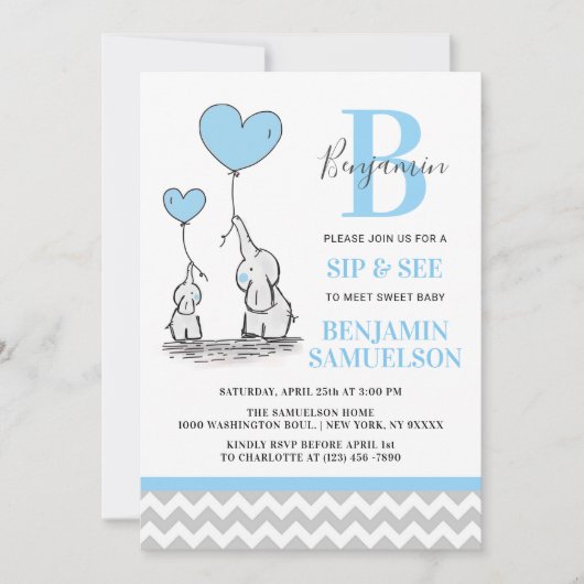 Modern Blauw Grijs Olifant SIP & SEE Baby Boy Kaart (Voorkant)