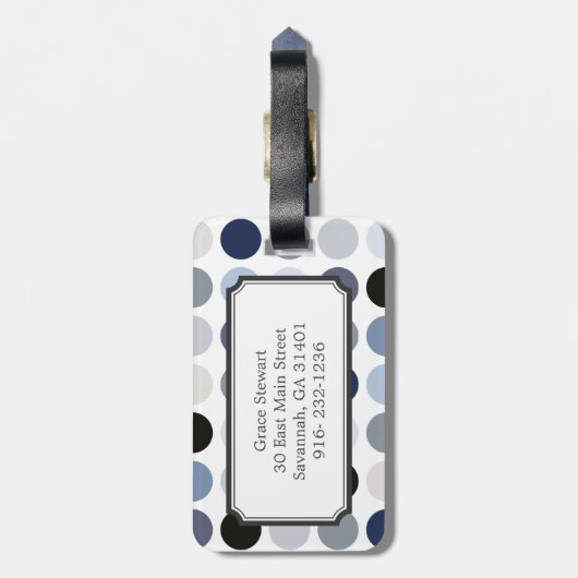 modern blauw - grijze polka - stips monogram bagagelabel (Achterkant verticaal)