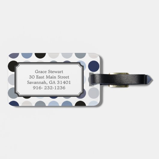 modern blauw - grijze polka - stips monogram bagagelabel (Achterkant horizontaal)