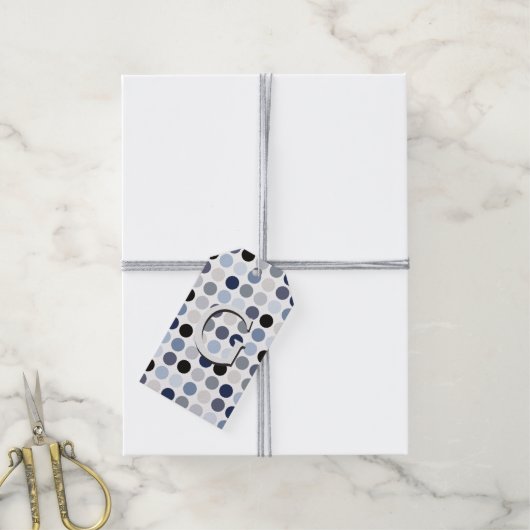 modern blauw - grijze polka - stips monogram cadeaulabel (Met Touw)