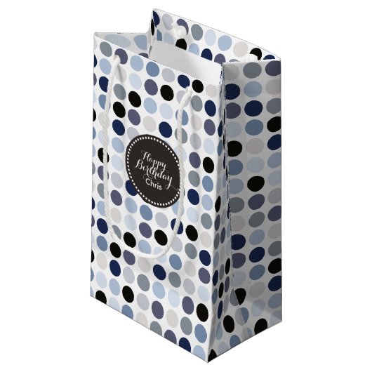 modern blauw - grijze polka - stips monogram klein cadeauzakje (Voorkant Gekanteld)