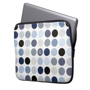 modern blauw - grijze polka - stips monogram laptop sleeve
