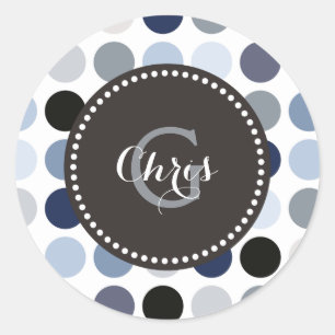 modern blauw - grijze polka - stips monogram ronde sticker