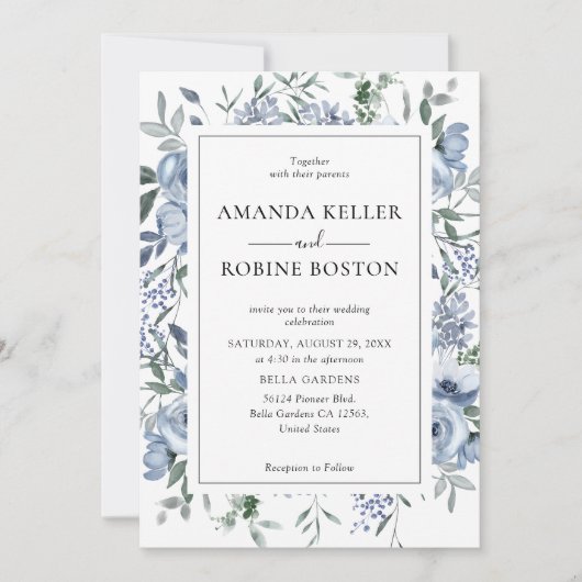 Modern Blauw Groen Bloemen Huwelijksuitnodiging Kaart (Voorkant)