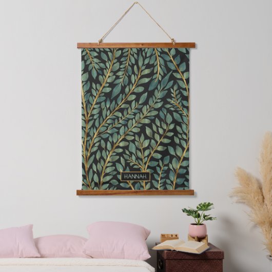 Modern blauw groen goud tropische bladeren groen hangend wandkleed (Slaapkamer)