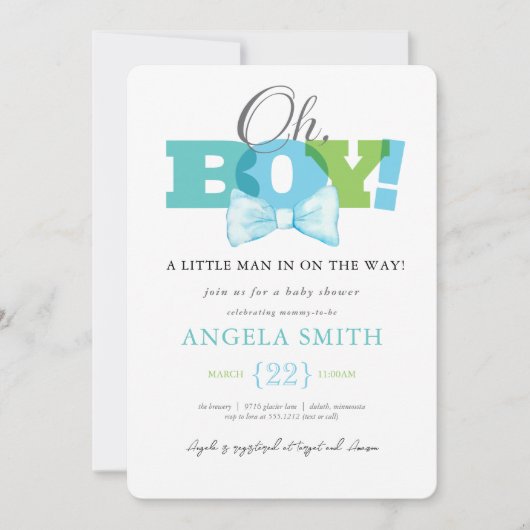 Modern Blauw Groen Oh Boy Baby shower Uitnodiging (Voorkant)