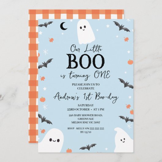 Modern Blauw Halloween Little Boo 1e Verjaardag Kaart (Voorkant / Achterkant)