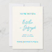 Modern blauw handgeschreven retro grillige bruilof save the date (Achterkant)