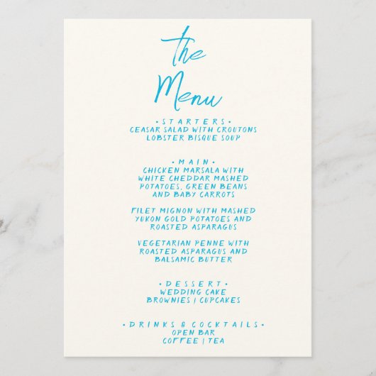 Modern blauw handgeschreven retro trendy bruiloft menu (Voorkant)