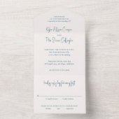 Modern blauw handgeschreven script elegante bruilo all in one uitnodiging (Binnen)
