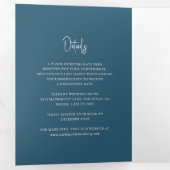 Modern blauw handgeschreven script elegante bruilo drieluik uitnodiging (Binnenzijde eerst)