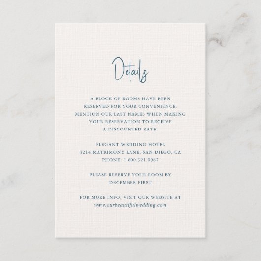 Modern blauw handgeschreven script elegante bruilo informatiekaartje (Voorkant)