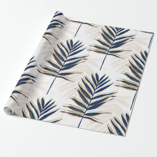 Modern blauw handpalm laat gouden strelen wit desi cadeaupapier (Uitgerold)