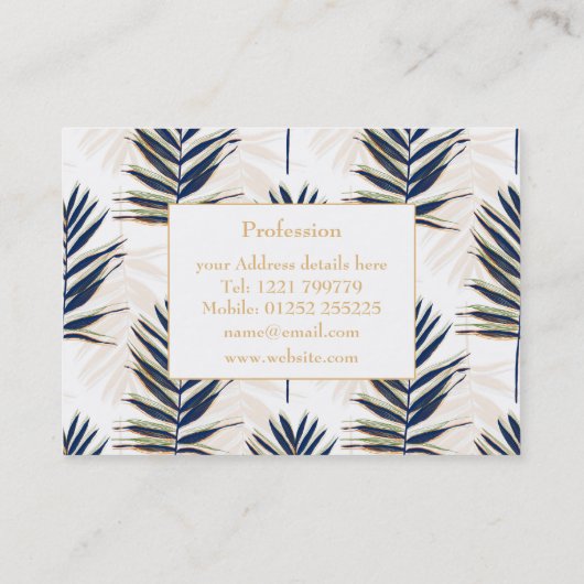 Modern blauw handpalm laat gouden strelen wit desi visitekaartje (Achterkant)