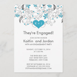 Modern blauw hart met Flowers Engagement Party Kaart