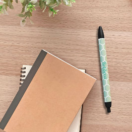 Modern Blauw Hexagon Geometrisch Patroon Monogram Zwarte Inkt Pen