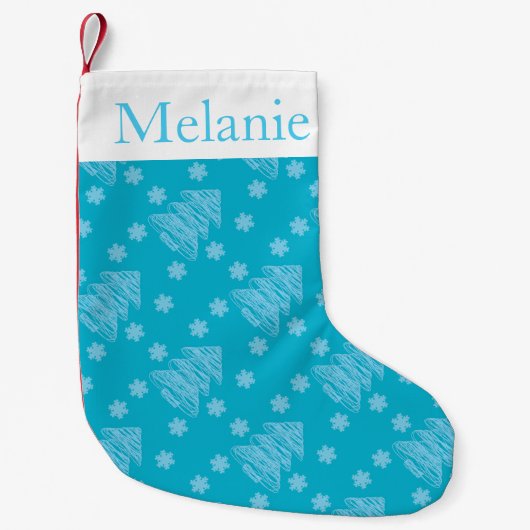 Modern blauw kerstboompatroon op maat kleine kerstsok (Voorkant)