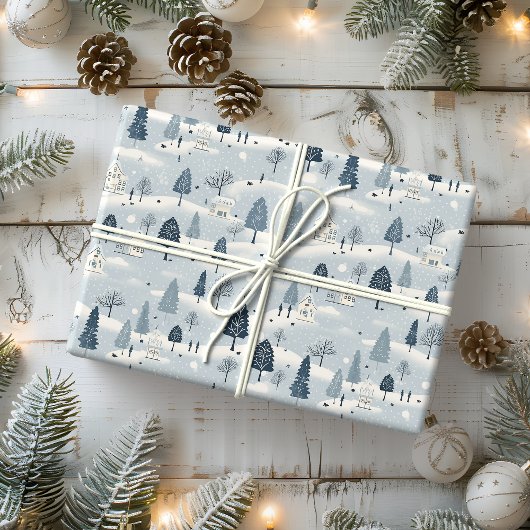 Modern blauw kerstdorp cadeaupapier