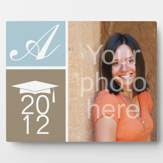 Modern blauw kleurenblok monogram graduatie cap fotoplaat (Voorkant)