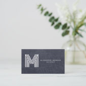 Modern Blauw Leer Trendy Monogram Visitekaartje (Staand voorkant)
