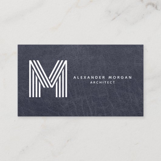 Modern Blauw Leer Trendy Monogram Visitekaartje (Voorkant)