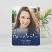 Modern blauw manuscript 2 foto's afstuderen aankondiging (Staand voorkant)