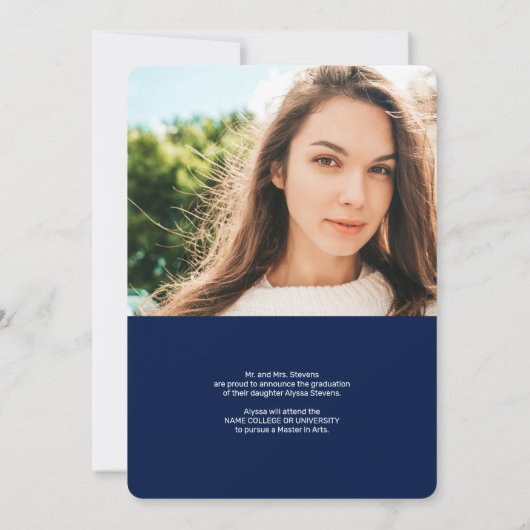 Modern blauw manuscript 2 foto's afstuderen aankondiging (Achterkant)