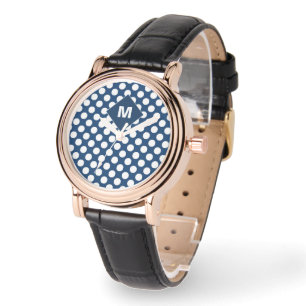 Modern Blauw Marine Wit Monogram Horloge