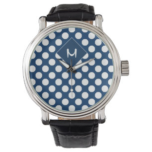 Modern Blauw Marine Wit Monogrammed Horloge