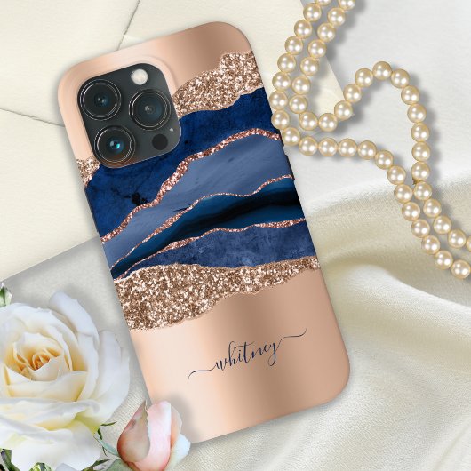 Modern blauw marmer Roos gouden glitter Case-Mate iPhone Case
