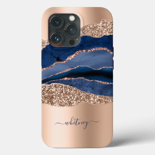 Modern blauw marmer Roos gouden glitter Case-Mate iPhone Case (Achterkant)
