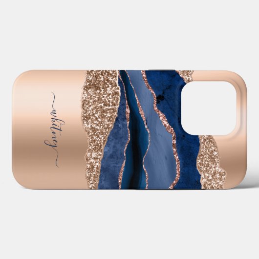 Modern blauw marmer Roos gouden glitter Case-Mate iPhone Case (Achterkant (horizontaal))