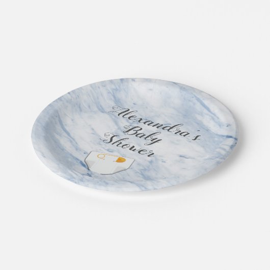Modern blauw marmeren Baby showers luier gepersona Papieren Bordje (Gekanteld)