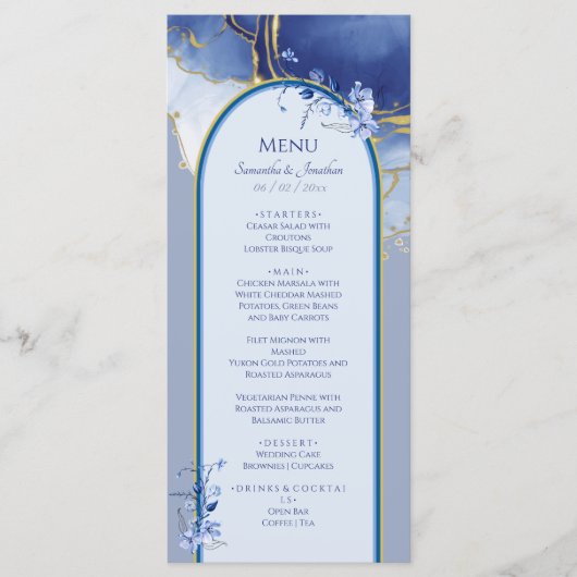 Modern blauw marmeren bruiloft platte menu (Voorkant)