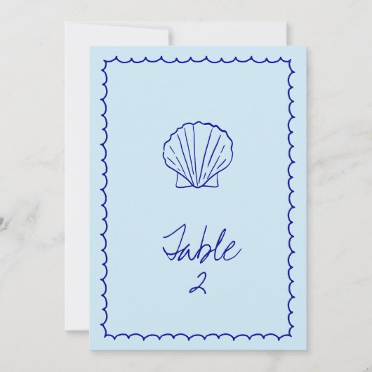 Modern Blauw Mediterraan Schelp Tafelnummer (Voorkant)